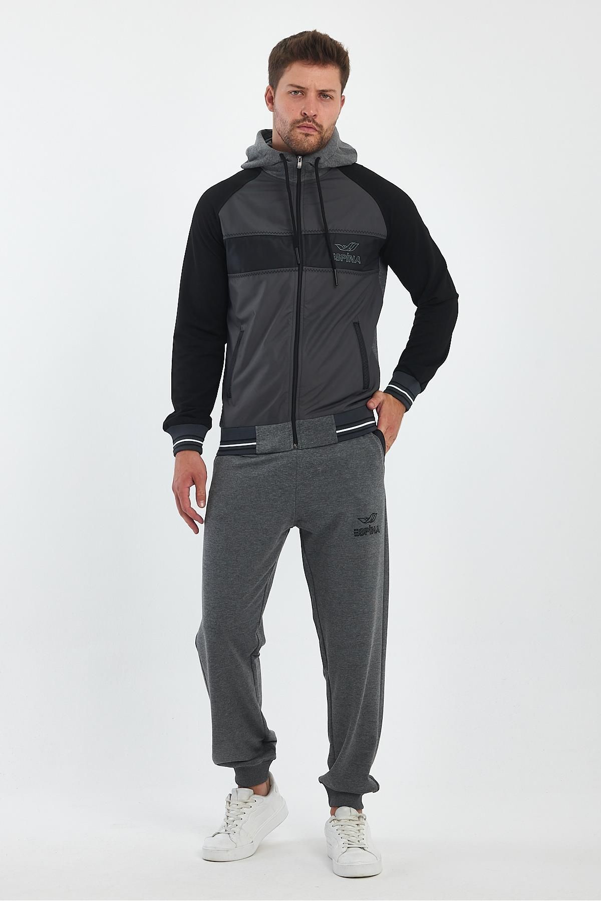 Erkek Kroşeta Detaylı Çift Cepli Kapüşonlu Fermuarlı Spor Eşofman Takımı
