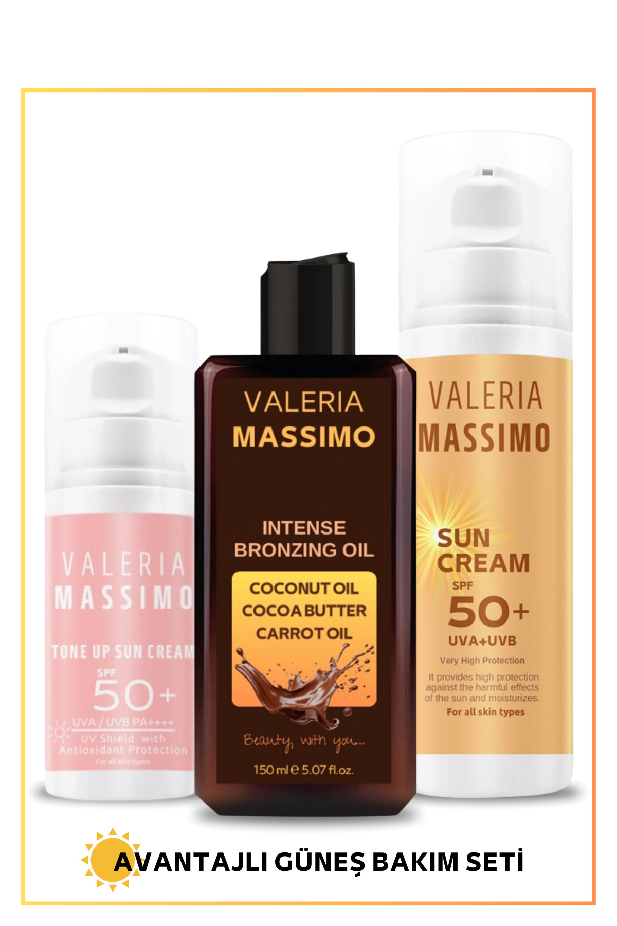 Valeria Massimo SPF 50+ Yüksek Koruma Güneş Bakım ve Bronzlaştırıcı Tatil Seti 3'lü — güneş set 3