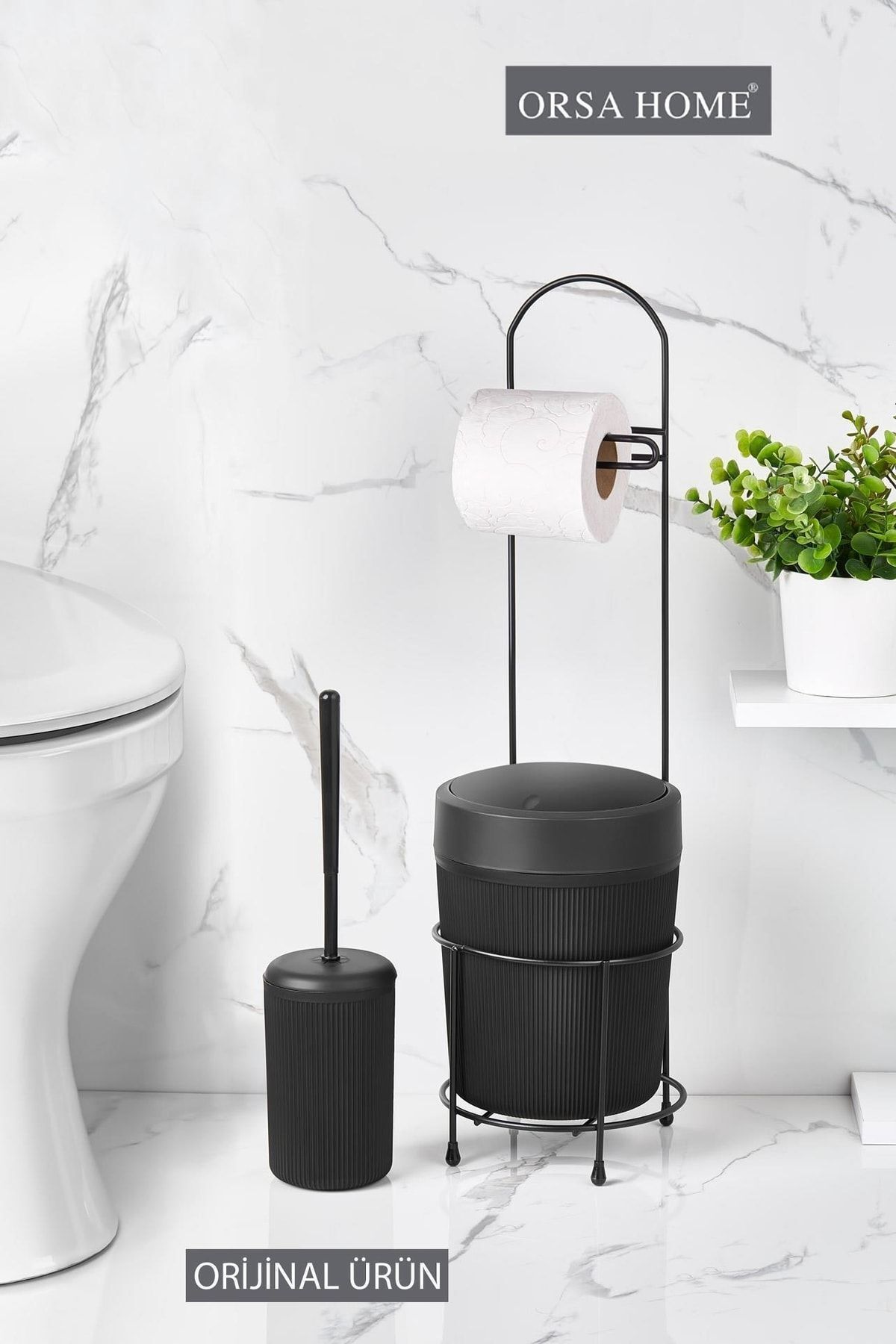 ORSA HOME-Black Round Bucket Wc Paper Holder and Toilet Brush Set 3