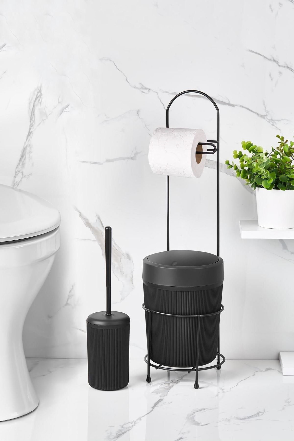 ORSA HOME-Black Round Bucket Wc Paper Holder and Toilet Brush Set 2