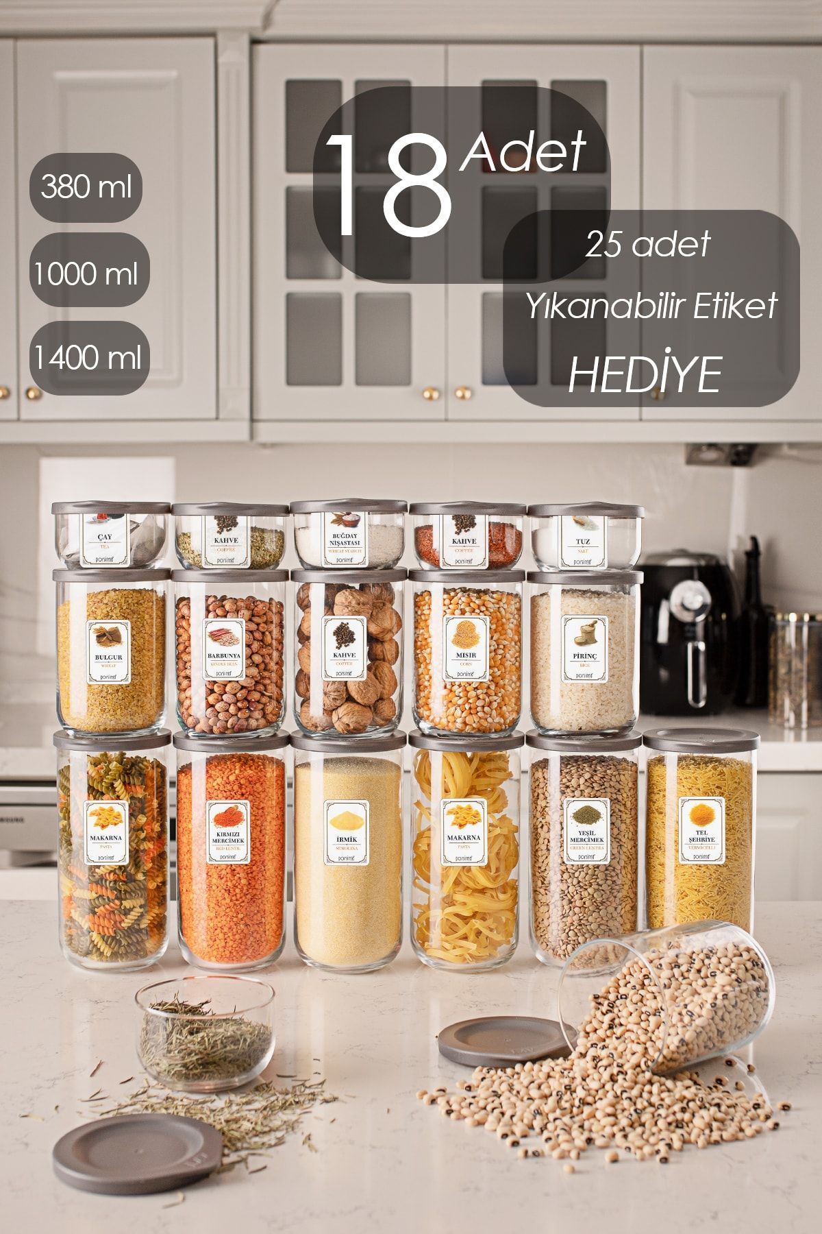 LAV-Duo 3 Sizes 18 Pieces Glass Storage Container Jar Set with Leak Proof Lid and Label 1