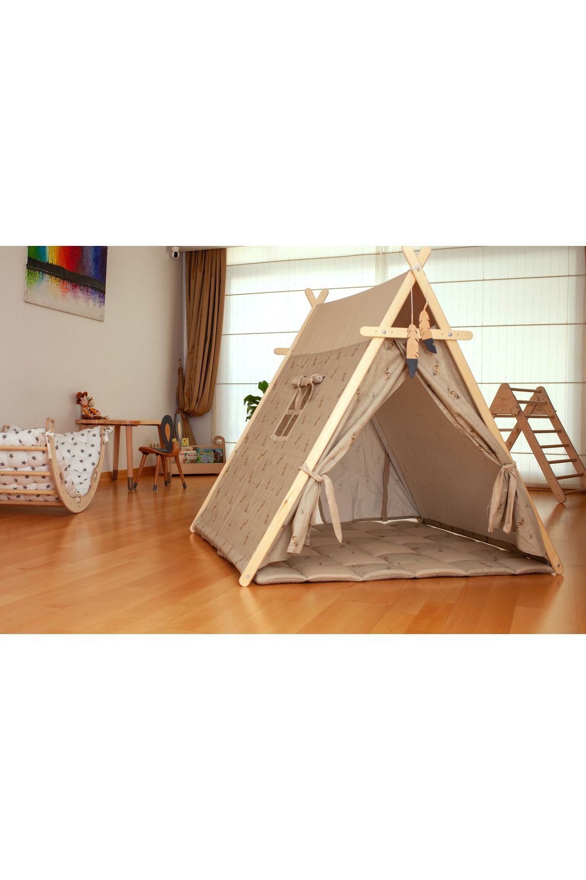 KIDOPPO Montessori Oyun Çadırı ve matı | Katlanabilir Kanvas Çocuk Oyun Evi | Ahşap Kızılderili Çadırı fotoğrafı 6 (önizleme)