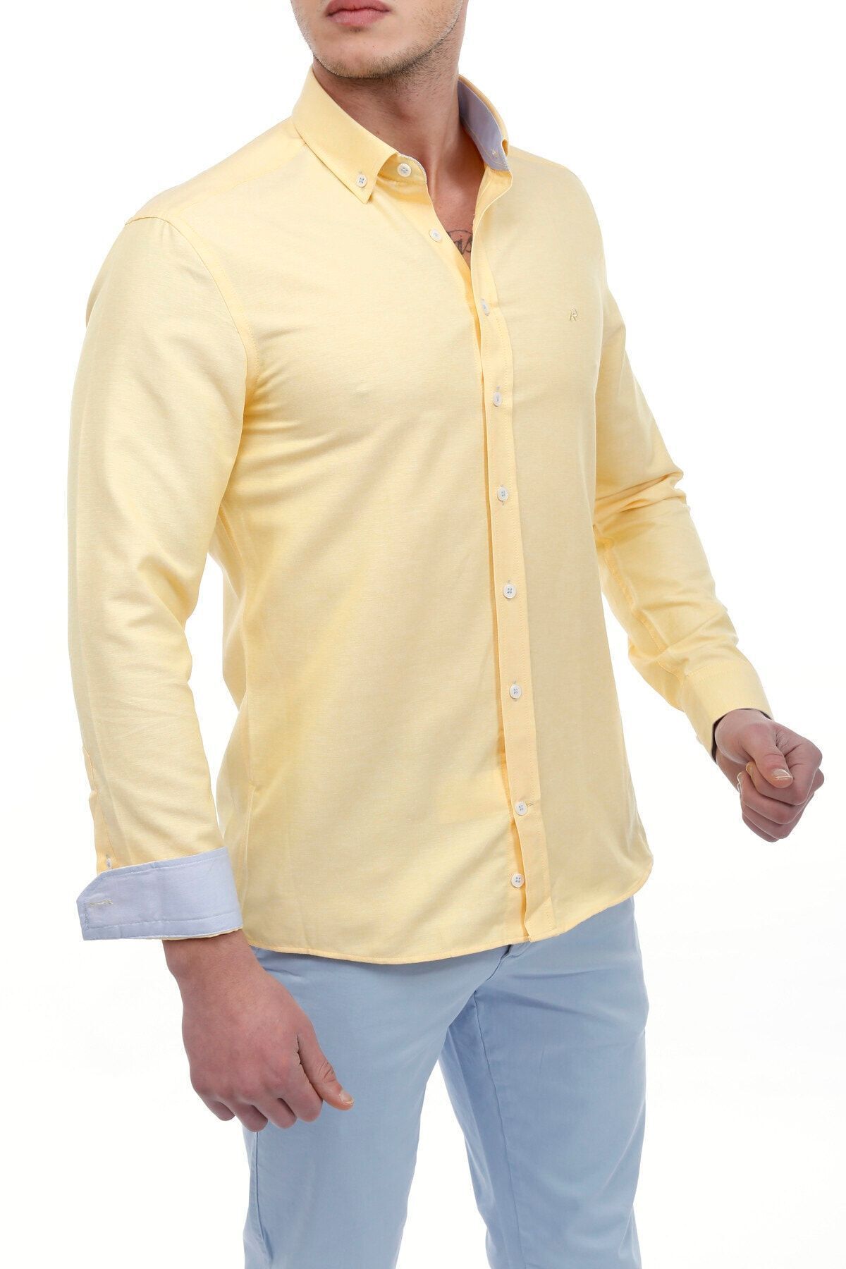 RAVANELLI-Cămașă galbenă Vessmen pentru bărbați - Slim Fit, cu nasturi, cu mânecă lungă 6