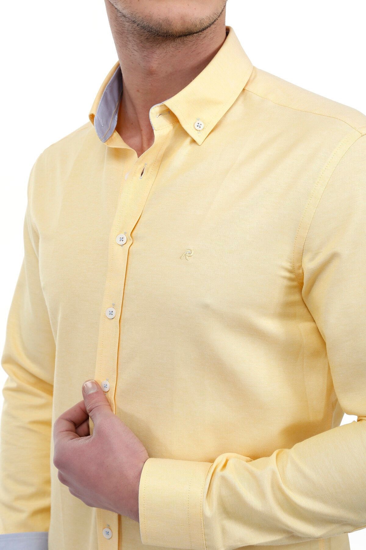 RAVANELLI-Cămașă galbenă Vessmen pentru bărbați - Slim Fit, cu nasturi, cu mânecă lungă 3