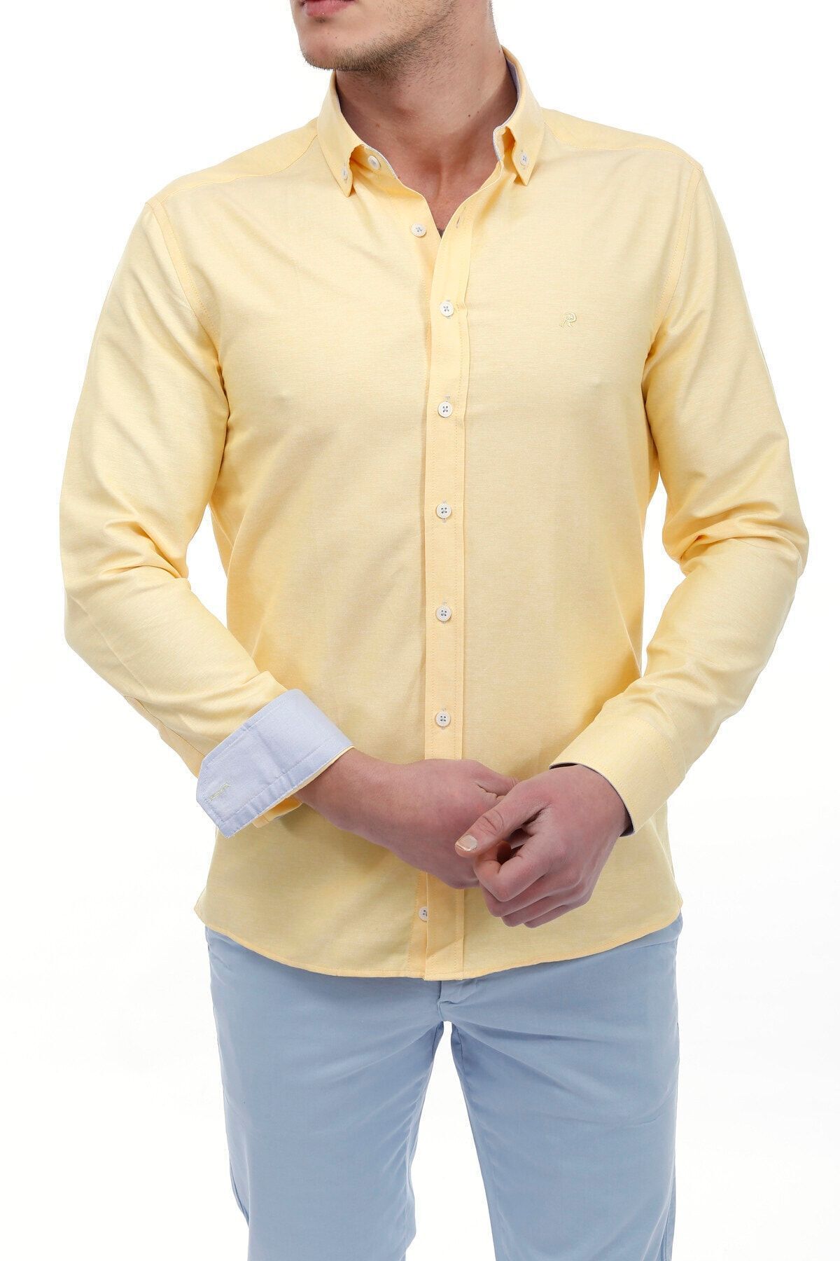 RAVANELLI-Cămașă galbenă Vessmen pentru bărbați - Slim Fit, cu nasturi, cu mânecă lungă 5