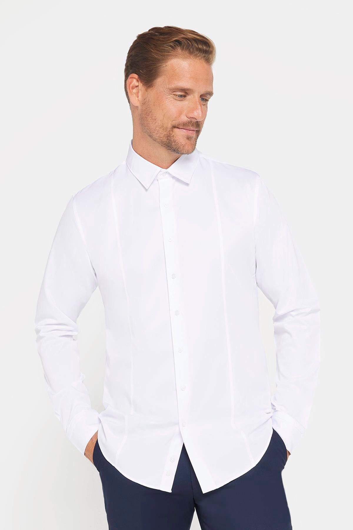 Tudors Cămașă Albă Din Bumbac Slim Fit - Mânecă Lungă, Mâner În Față Masculin - L