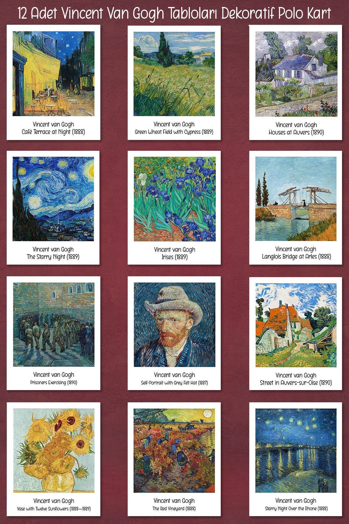 Runrux Vincent Van Gogh Tabloları 12 Adet Dekoratif Polo Kart - Sanatsal Poster Kartları