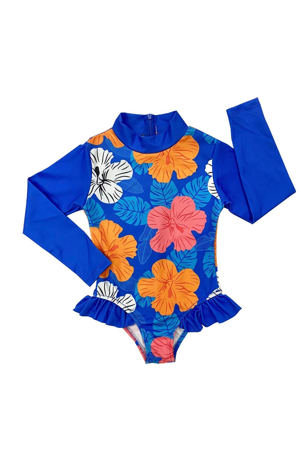 TUOBEBE Costum De Baie Pentru Fete Cu Imprimeu Floral - Cu Fermoar, Cu Mânecă Lungă, Cu Protecție Solară Și Cu Volane Femeie - 9-10 ani
