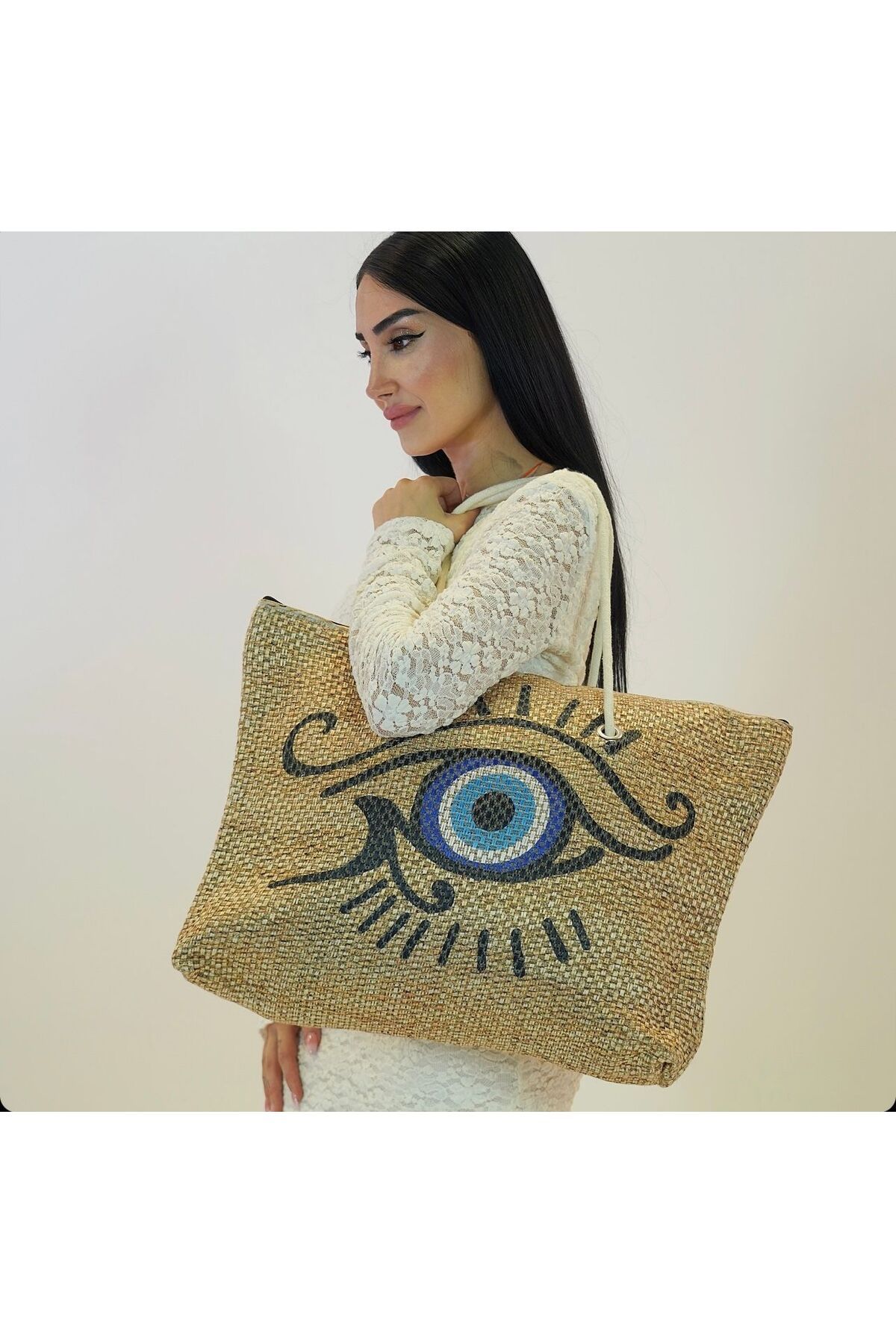 ZEYZEYBUT K Straw Beach Bag EVIL EYE BEADS EYE PRINTED Trendyol