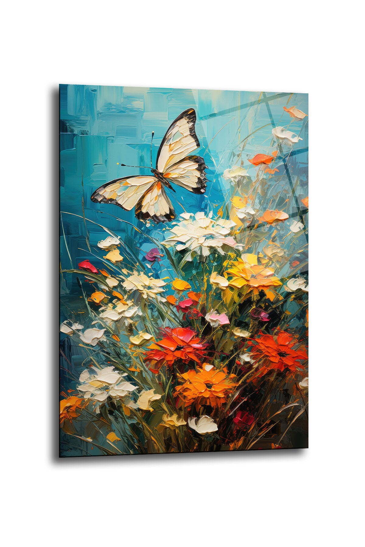 Oil Painting Appearance Butterfly And Flower Decorative Vertical Glass Table, Home Decoration, Office Decoration