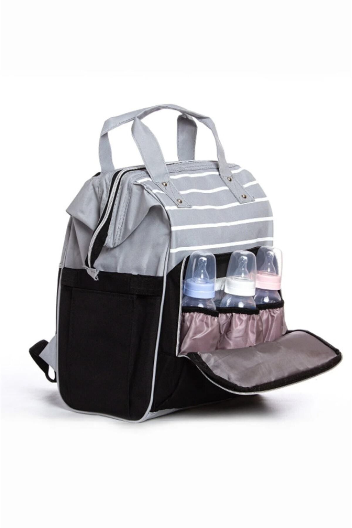 Özgün Baby Anne Bebek Bakım Sırt Çantası Biberon Termoslu Sıvı Geçirmez Puset Askı Aparatlı Siyah Gri Çizgili fotoğrafı 4 (önizleme)