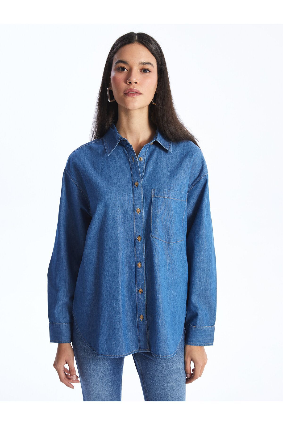 LC Waikiki Damska Koszula Jeansowa Oversize – Prosta, Z Długim Rękawem Kobieta - XS