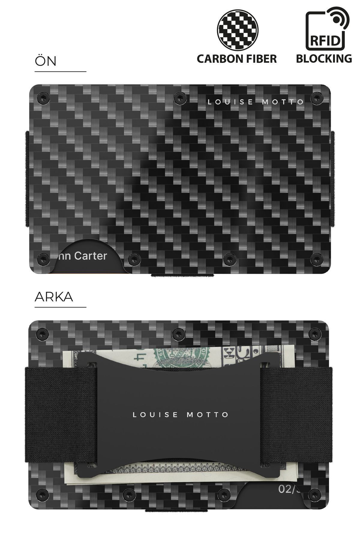 کیف پول مردانه و زنانه CARDX تسمه موج تیره فیبر کربن نگهدارنده کارت کلیپ احتباس مسدود کردن RFID سیاه Louise Motto