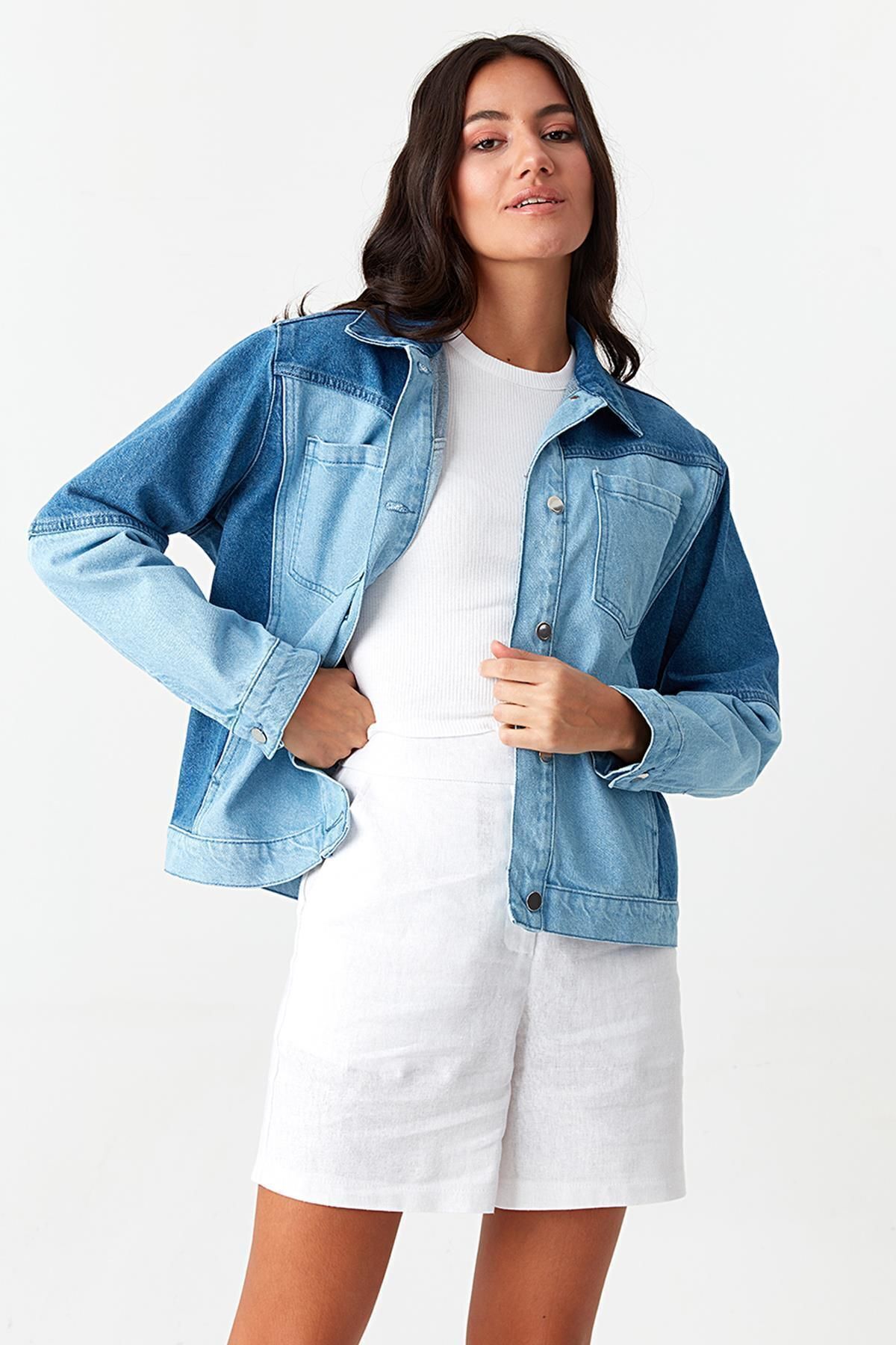 Select Moda-Color-Blocked Denim Jacket with Blue Pocket Detail 3