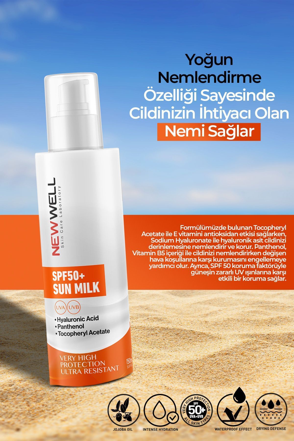 شیر آفتاب با محافظت بالا SPF50+، هیالورونیک اسید 150 میلی لیتر New Well