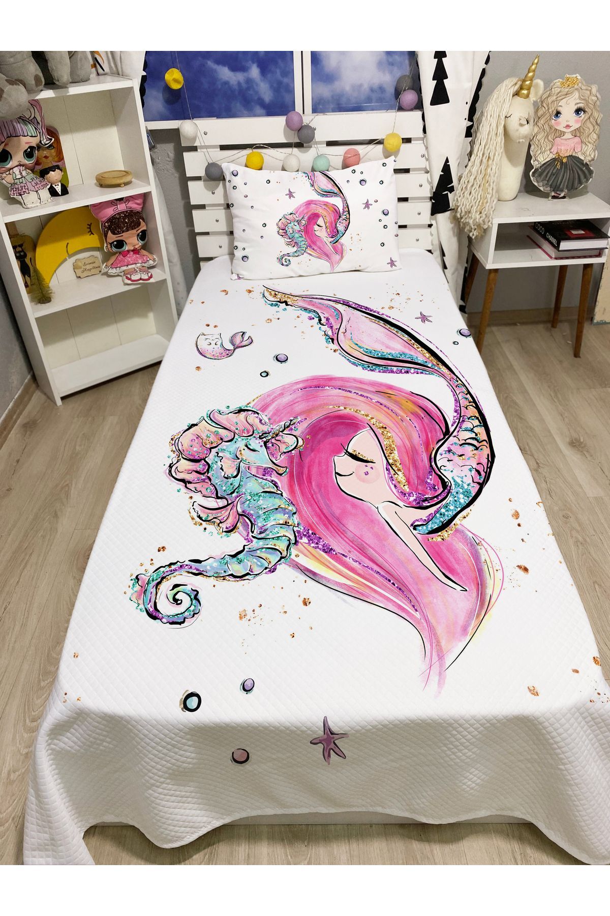 Pink Haired Mermaid Single Quilting & Pillowcase