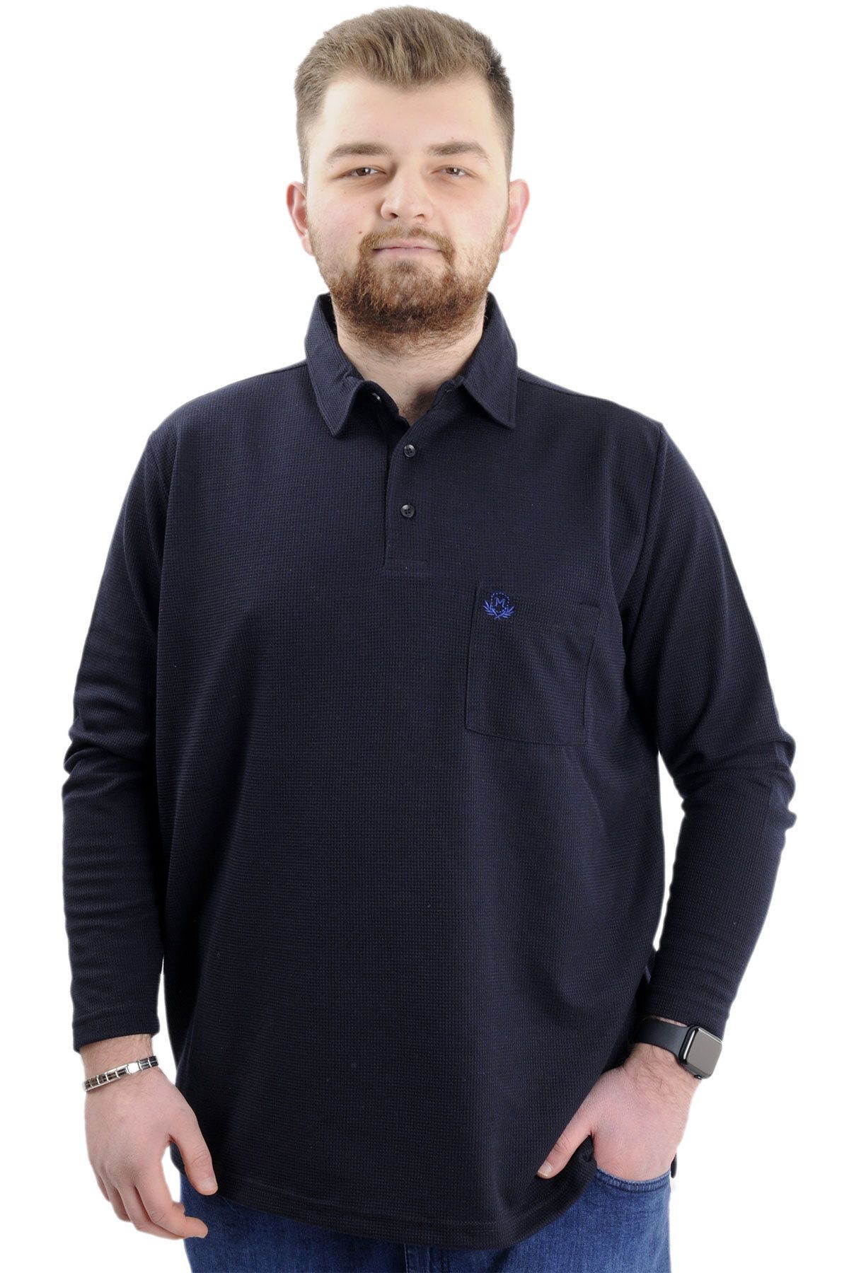 Mode XL Büyük Beden Erkek Sweatshirt Polo Yaka Uzun Kol WAFFLE 23449 Lacivert