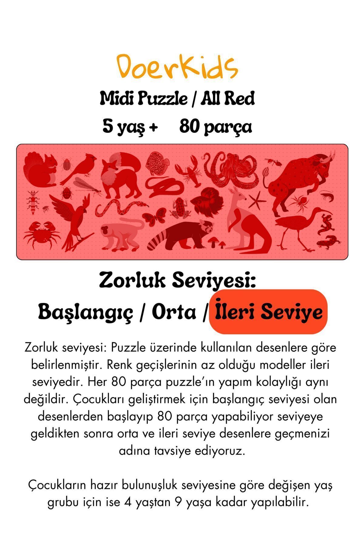 DoerKids All Red-Kırmızı Hayvanlar Eğitici-Öğretici Midi Puzzle | 4-9 Yaş 80 Parça fotoğrafı 5 (önizleme)