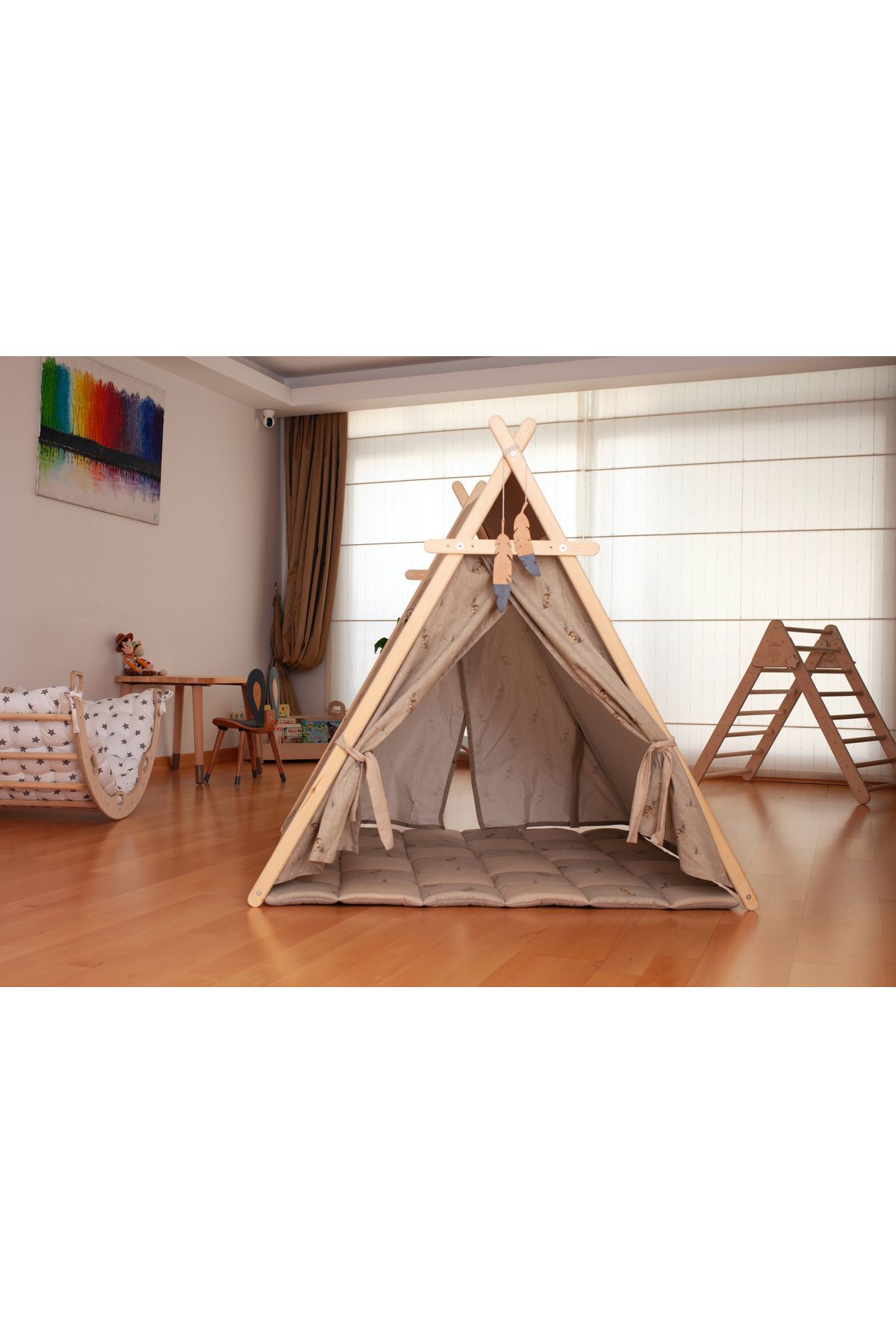 KIDOPPO Montessori Oyun Çadırı ve matı | Katlanabilir Kanvas Çocuk Oyun Evi | Ahşap Kızılderili Çadırı fotoğrafı 2 (önizleme)