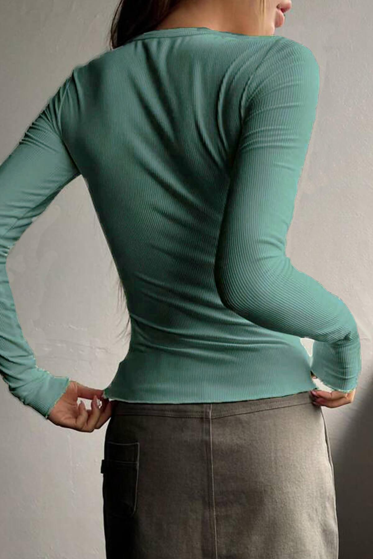 Teenage Millionaire 1 részes női menta zöld gomb részletes pattintható gombos nyakú, hosszú ujjú bordás camisole blúz