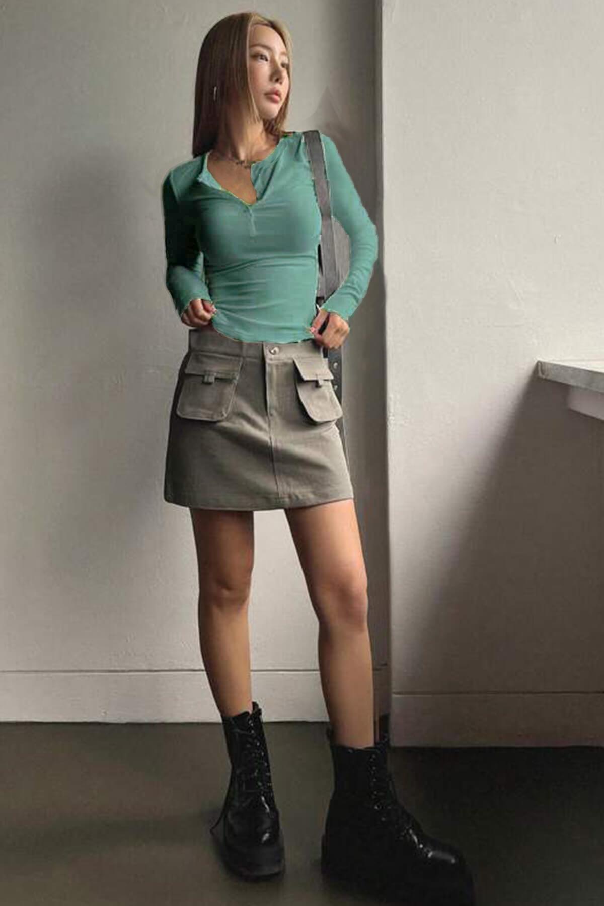 Teenage Millionaire 1 részes női menta zöld gomb részletes pattintható gombos nyakú, hosszú ujjú bordás camisole blúz