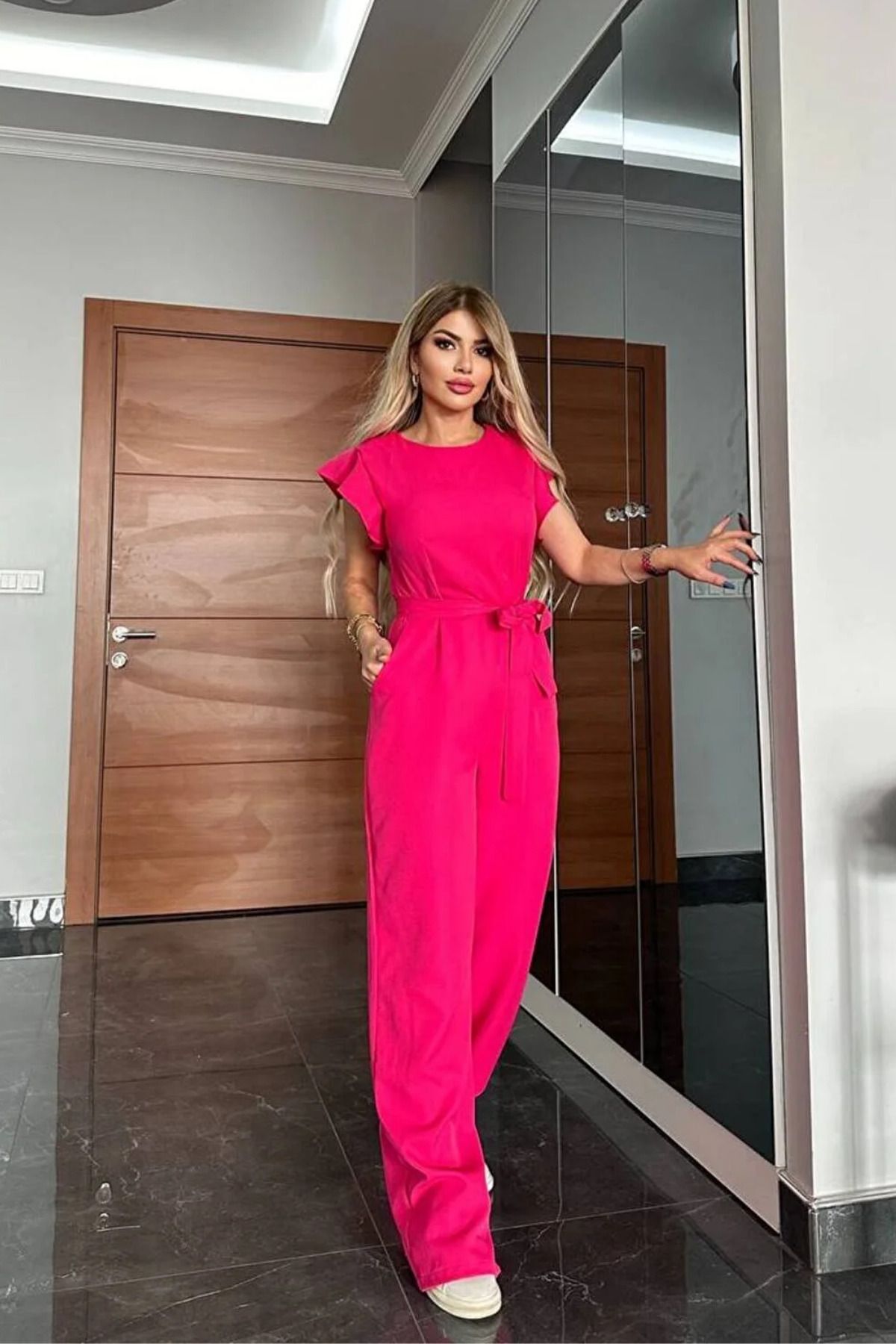 TANE TASARIM New Season Sleeves Frilly Waist Belted Summer Long Fuchsia Stylish Jumpsuit Dress 024 for Women price in Dubai UAE Compare Prices