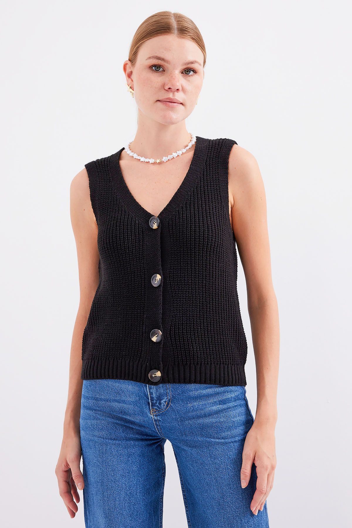 Bigdart-15881 Black Short Knitwear Vest - Buttoned 3