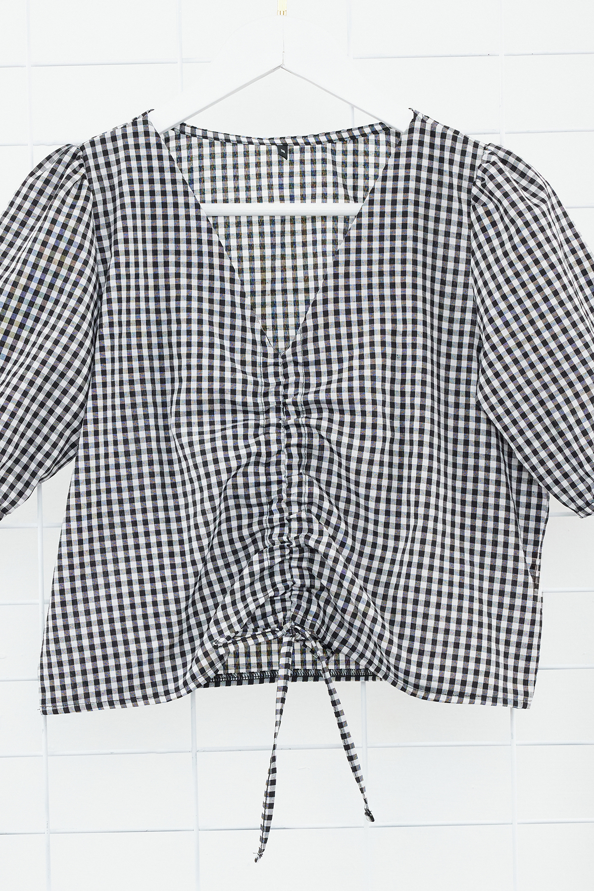 Trendyolmilla  Siyah Büzgülü Pötikare Crop Dokuma Bluz TWOSS24BZ00643 - Görsel 7