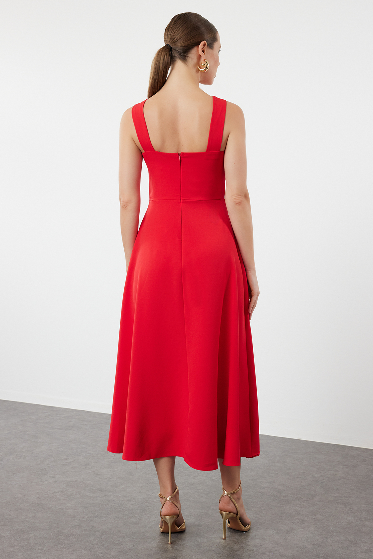 Trendyolmilla  Kırmızı A-Kesim Dokuma Şık Abiye Elbise TPRSS24EL00208 - Görsel 5