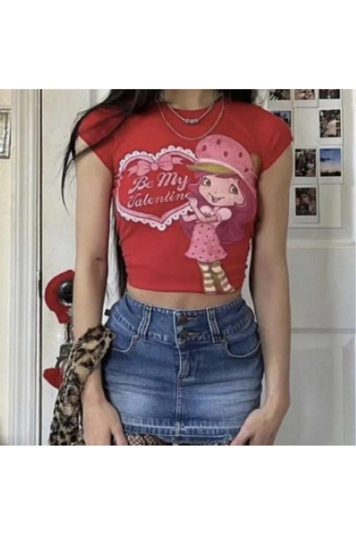 Y2k Be My Valentine Girl Printed Red Crop Blouse
