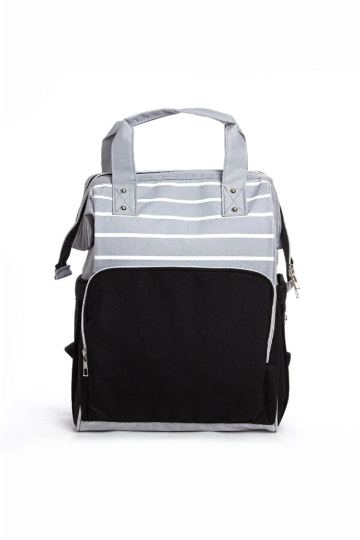 Özgün Baby Anne Bebek Bakım Sırt Çantası Biberon Termoslu Sıvı Geçirmez Puset Askı Aparatlı Siyah Gri Çizgili fotoğrafı 2 (önizleme)
