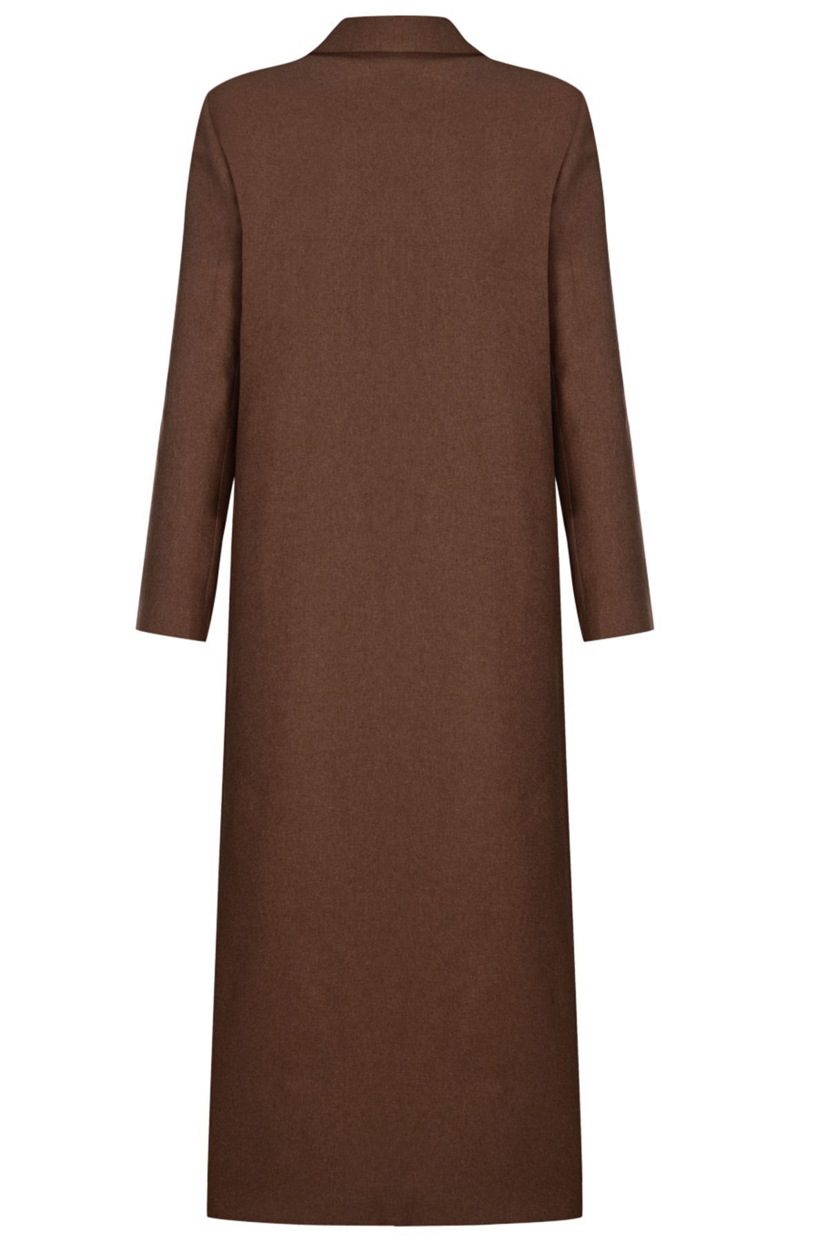 Whenever Company  Kahve Kruvaze Yün Efektli Uzun Palto - Görsel 2