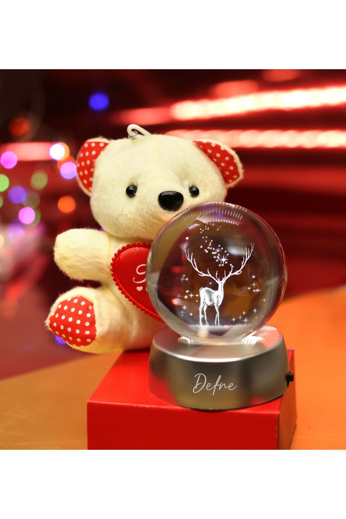 Personalized Valentine's Day Themed Glass Globe & Big Teddy Bear Keychain Gift Set
