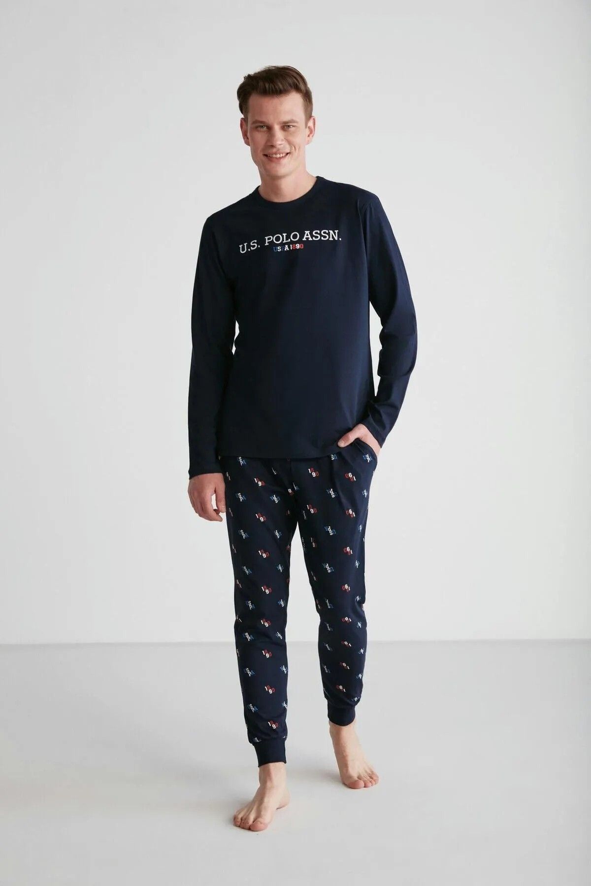 ست پیژامه آبی مردانه پایه. پولو اسن. لباس خواب یقه گرد U.S. Polo Assn.