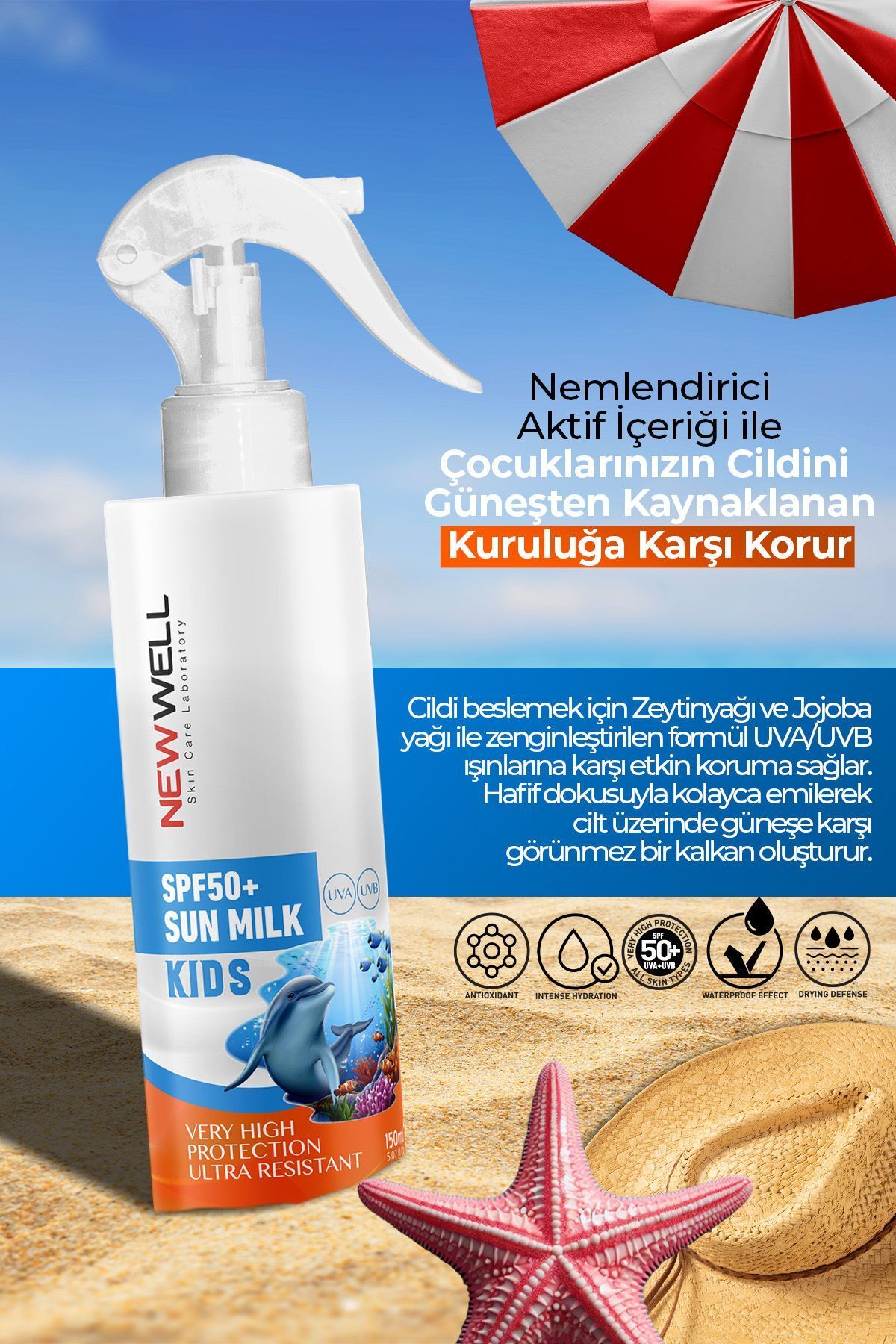 شیر ضد آفتاب کودکان با محافظت بالا SPF50+ روغن جوجوبا 150 میلی لیتر New Well