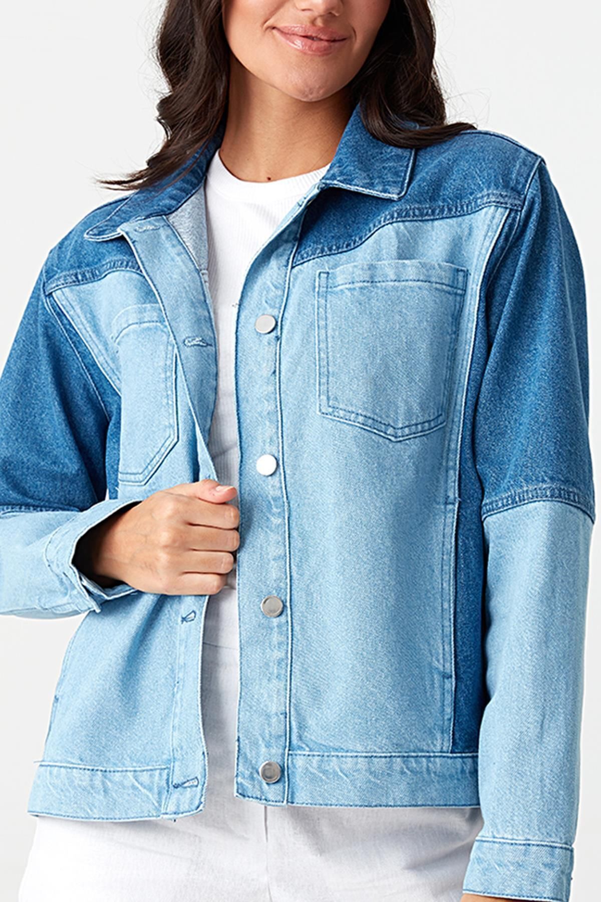 Select Moda-Color-Blocked Denim Jacket with Blue Pocket Detail 4