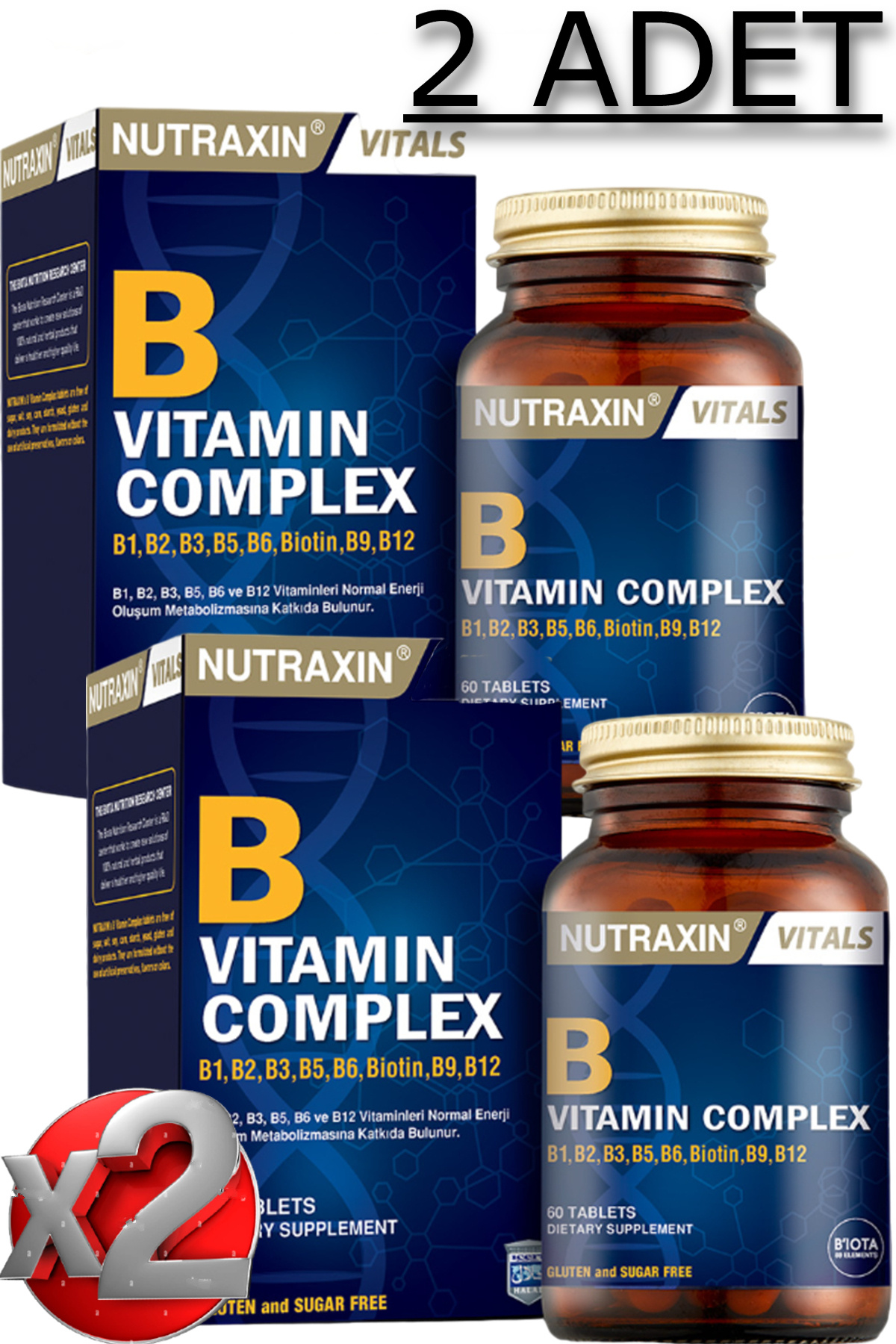 Nutraxin 2 Adet Nutraxin B Vitamin Complex 60 Adet Tablet - (B1-B2-B3-B5-B6-Biotin-B12)