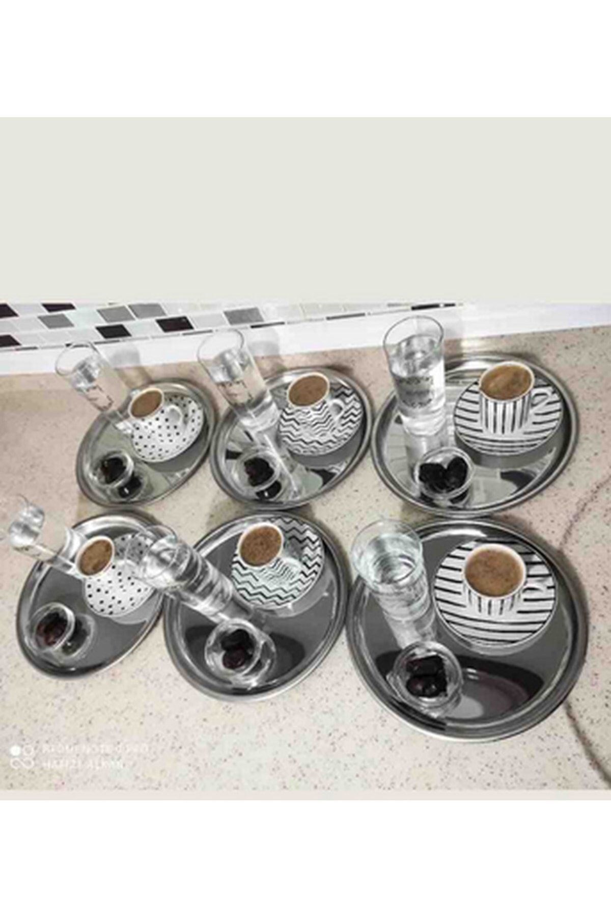 6-Piece Silver Round Stainless Steel Tray, Single Tea and Coffee Serving Tray 22cm