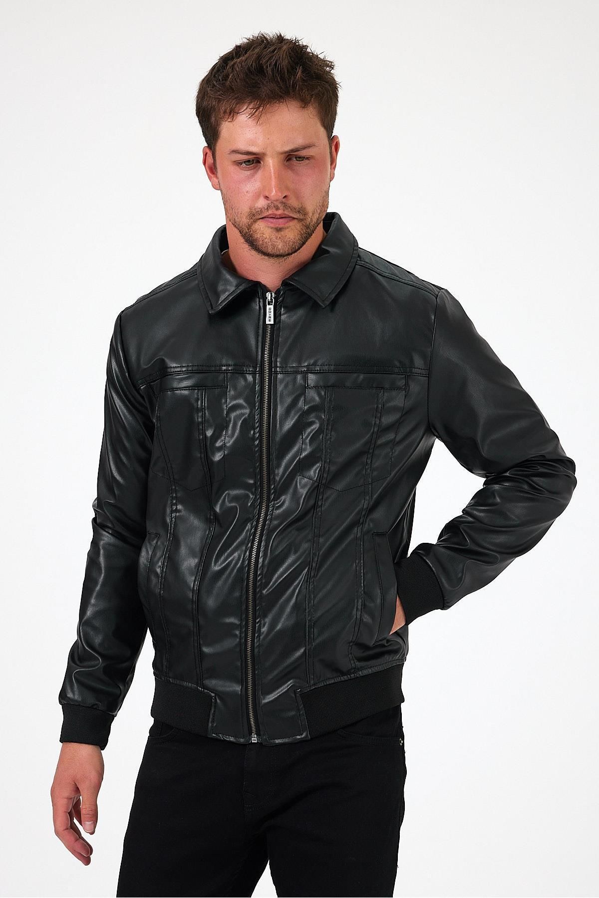 Erkek Yakalı Slim Fit Triko Astarlı Mevsimlik Deri Ceket & Mont görsel 5