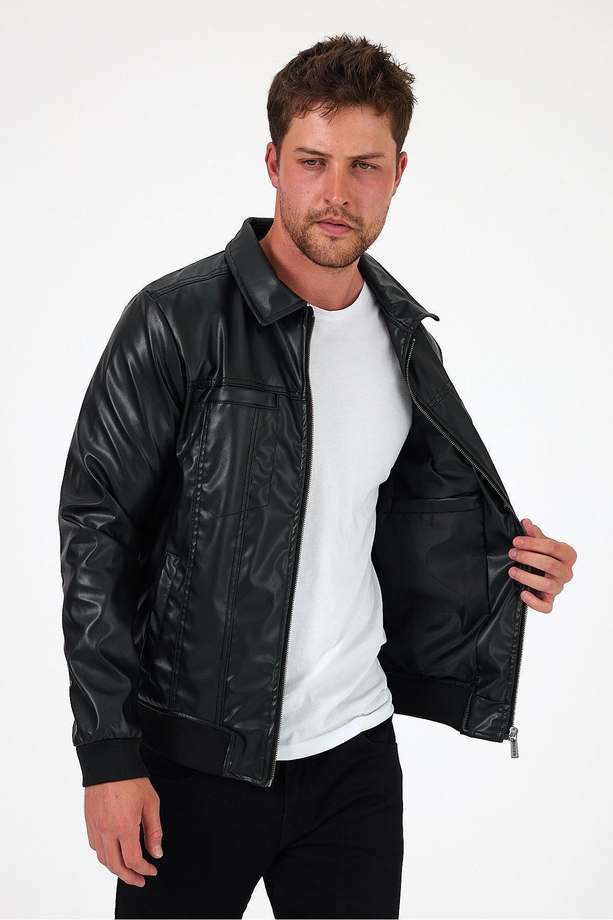 Erkek Yakalı Slim Fit Triko Astarlı Mevsimlik Deri Ceket & Mont görsel 4