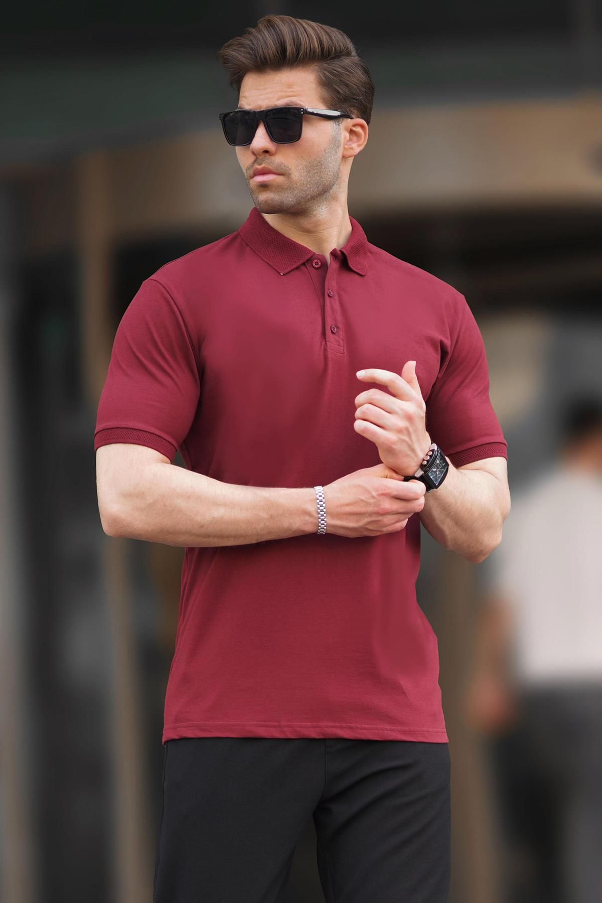 تی شرت یقه کوتاه پولو مردانه Claret Red Overfit 7029 Madmext