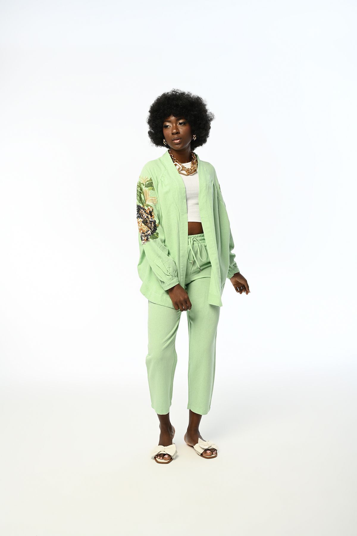FEMELLE-Green Large Size Oversize Kimono Jacket - Tiger Pattern on the Back and Sequins 5