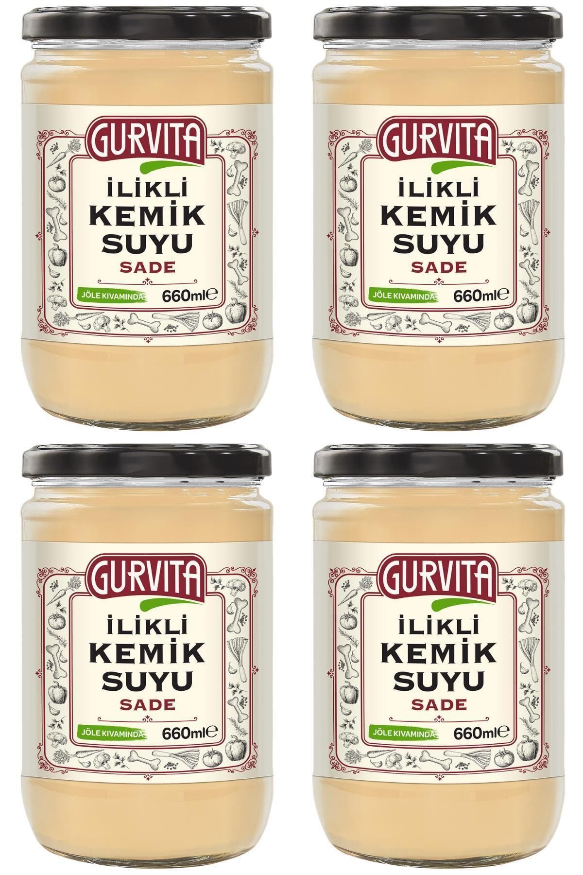 Gurvita Jöle Kıvamında Ilikli Kemik Suyu Sade 660 ml 4' Lü