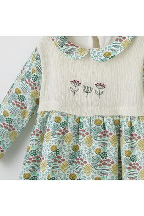 Genel Markalar Roba Detaylı Çiçek İşlemeli Desenli Elbise - Yeşil