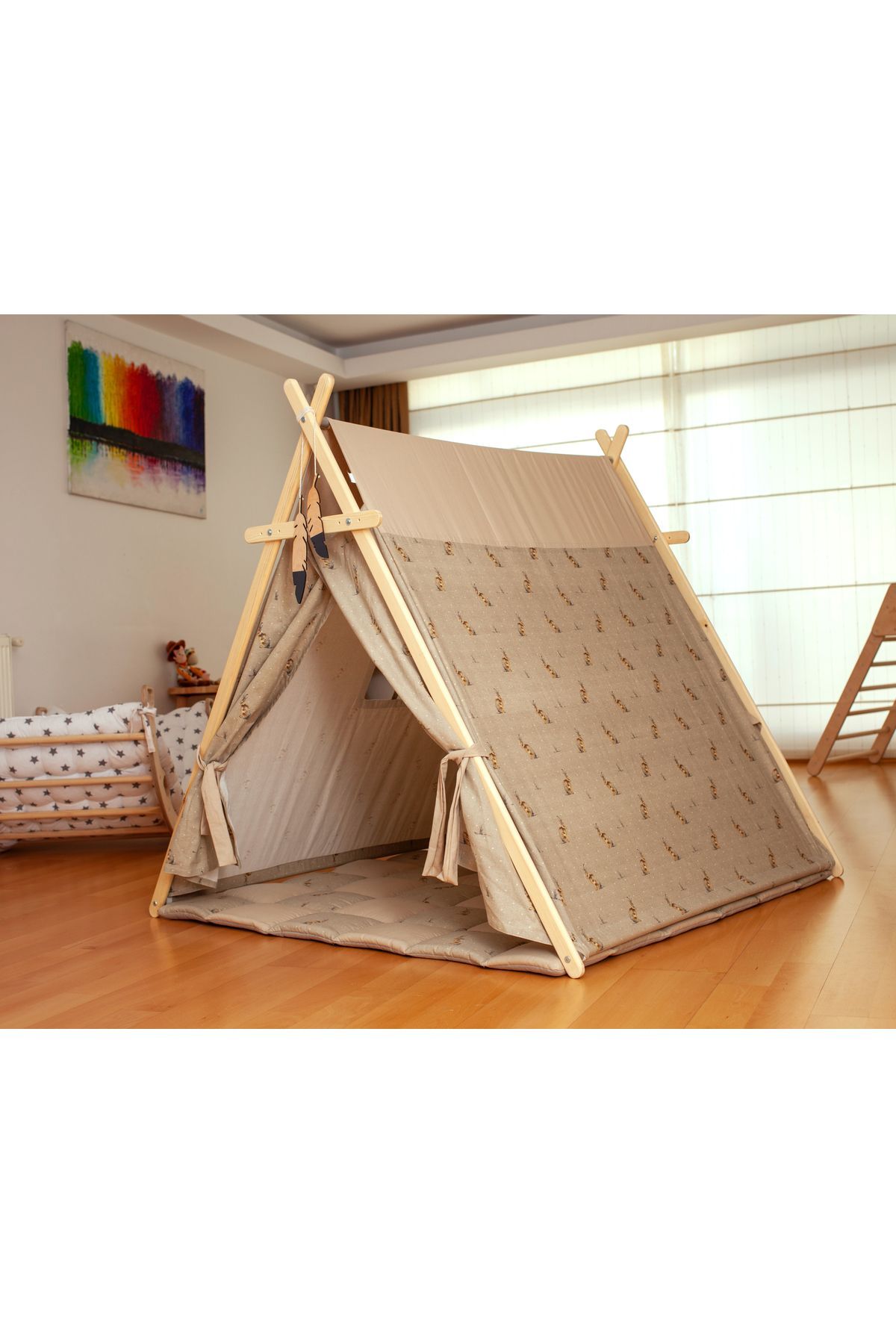 KIDOPPO Montessori Oyun Çadırı ve matı | Katlanabilir Kanvas Çocuk Oyun Evi | Ahşap Kızılderili Çadırı fotoğrafı 4 (önizleme)