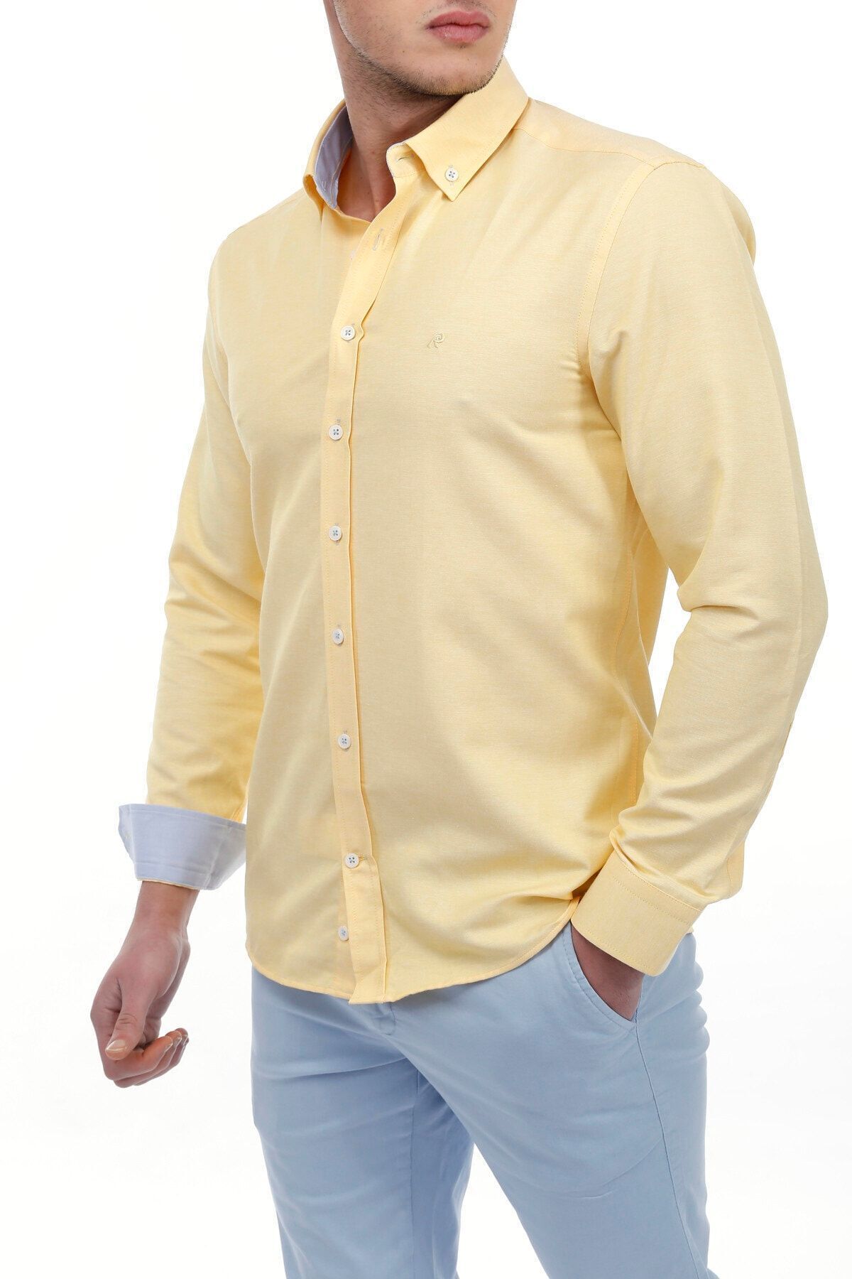 RAVANELLI-Cămașă galbenă Vessmen pentru bărbați - Slim Fit, cu nasturi, cu mânecă lungă 2