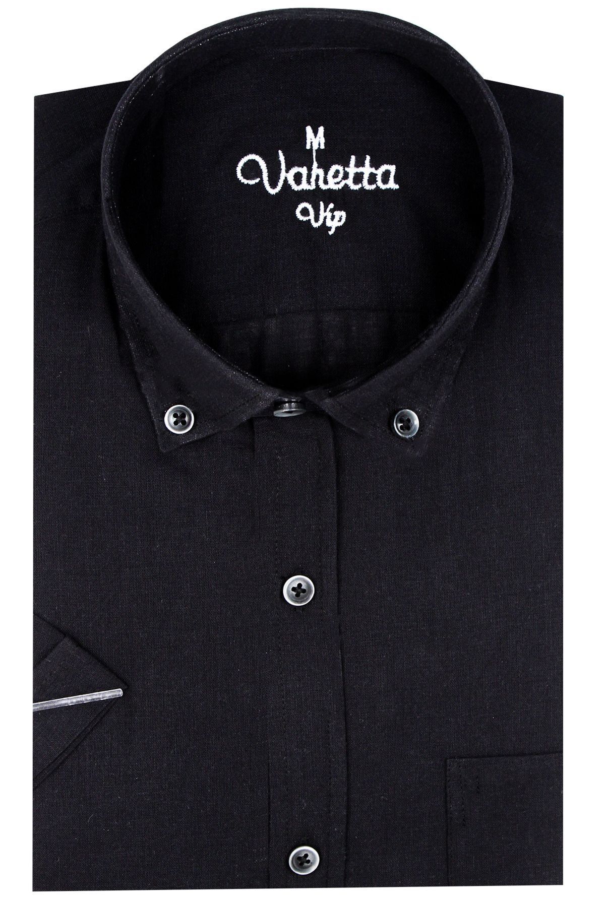 Varetta-Men's Kuzguni Black Linen Cotton Pocket Summer Short Sleeve Shirt Cotton Shirt 3