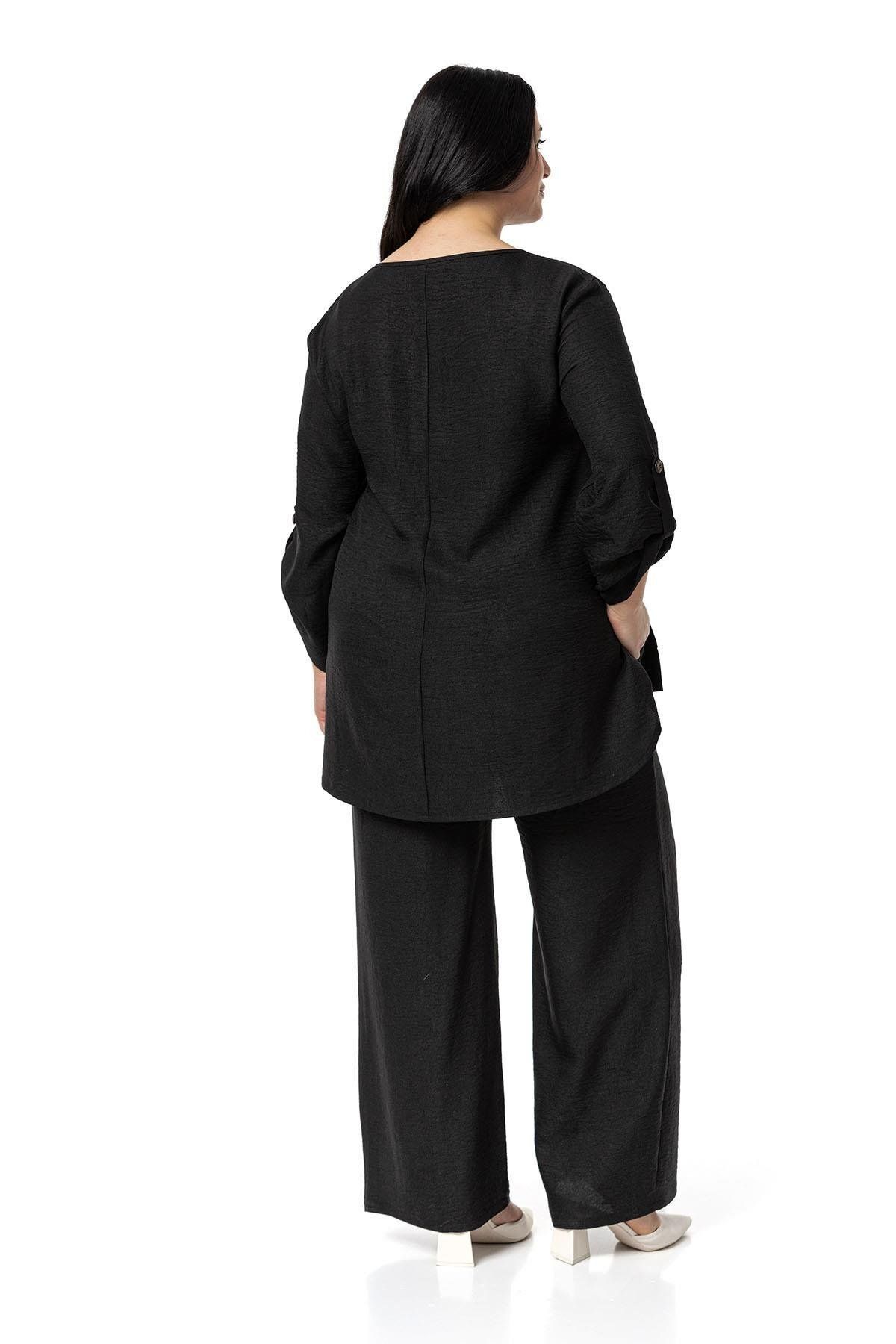 DISENTIS MODEST-طقم بلوزة وبنطلون أسود مقاس كبير - تفاصيل أزرار جانبية 3