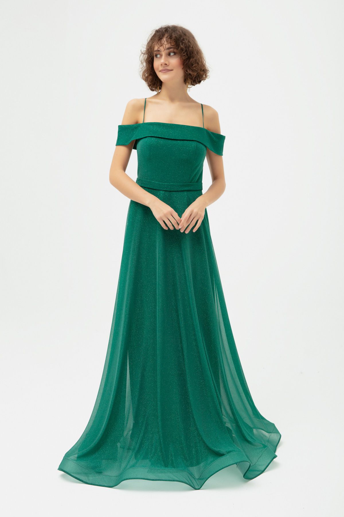Lafaba Women s Emerald Green Thin Strap Boat Neck Silvery Long Evening Dress Trendyol