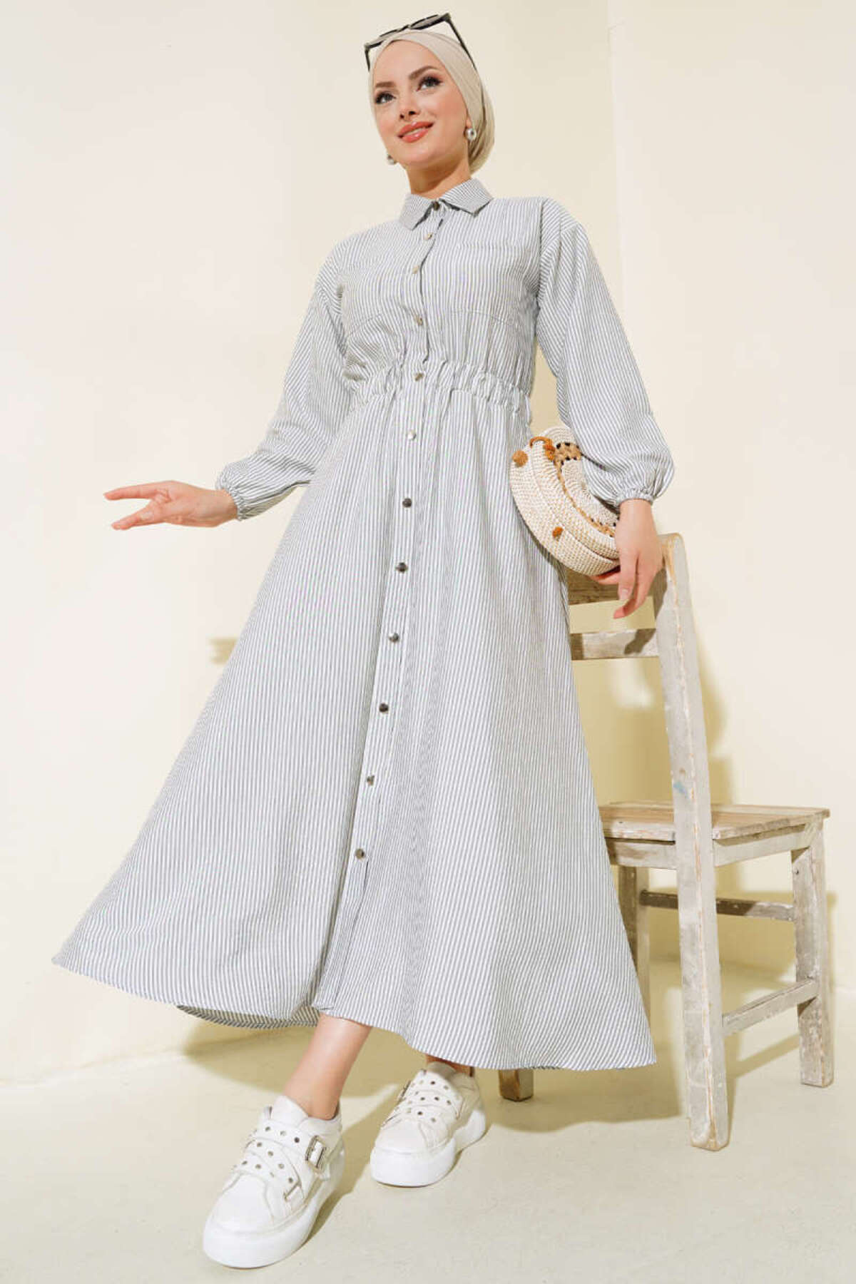 VOLT CLOTHİNG Full-Length Metal Buttoned Striped Modest Dress